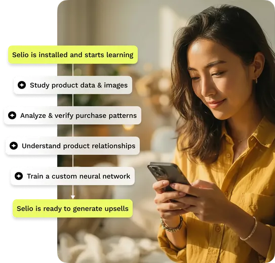 Woman on phone next to Selio's AI workflow timeline that ends with “ready to generate upsells.”