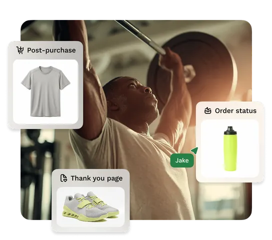 AI suggests gym gear like shoes, T-shirt, and foam roller for Jake, shown training with a barbell.